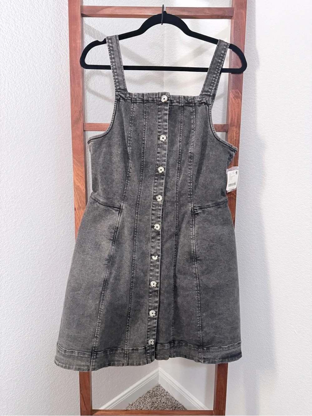 Free People Gimme More Denim Button-Front Mini Dress in Gray Skies Black NWT LG